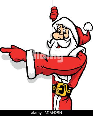 Santa Claus points around the corner with his index finger. Vector template on transparent background Stock Vector
