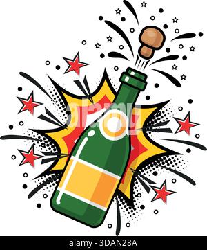 Open champagne bottle, holiday toast, cork jumping out with explosion. Vector template on transparent background Stock Vector