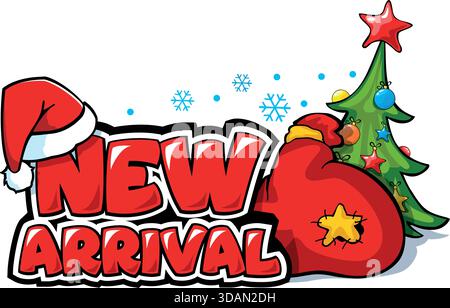 Christmas new arrival advertising template. Santa hat, gift bag and christmas tree. Winter seasonal sales, black friday. Vector on transparent backgro Stock Vector