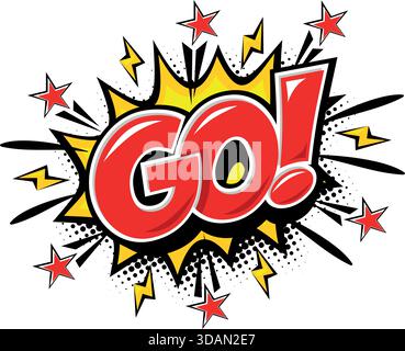 Inscription Go! on exploding with stars and lightnings. Vector lettering in comic style on transparent background Stock Vector