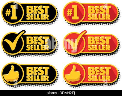 Best Seller icons in red and black color. Push button with thumb up, mark and number one. Vector on transparent background Stock Vector