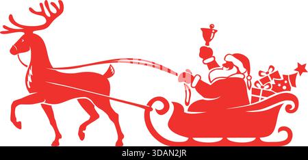 Santa Claus in a sleigh with Christmas tree and gifts pulled by one reindeer rings a bell. Christmas and New Year decoration template. Vector on trans Stock Vector