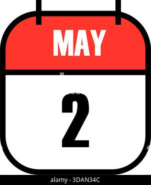Red and white calendar page showing May 2nd date for Labour Day Holiday celebration worldwide workers rights observance in bold graphic calendar Stock Vector