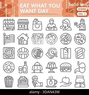 Eat what you want symbols collection or sketches. fast food day theme icons in line style signs for web and app. Vector graphics isolated on white bac Stock Vector
