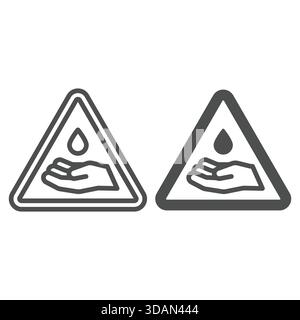 Triangle warning with drop and hand line and solid icon, danger liquid concept. Vector graphics. Wash your hand attension sticker sign on white backgr Stock Vector