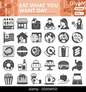 Eat what you want symbols collection or sketches. fast food day theme icons in glyph style signs for web and app. Vector graphics isolated on white ba Stock Vector