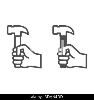Hand fist hold hammer tool line and solid icon, work and labor concept. Vector graphics. Hard work profession sign on white background, outline style Stock Vector