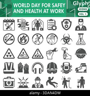 Safety and health at work symbols collection or sketches. world labor day bar theme icons in glyph style signs for web and app. Vector graphics isolat Stock Vector