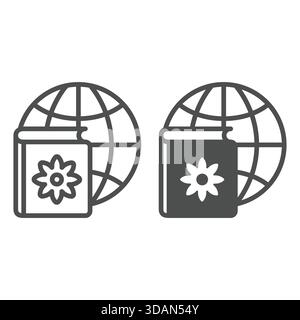 Globe and book with gear line and solid icon, book manual international concept. Vector graphics. Translated textbook sign on white background, outlin Stock Vector