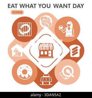 Eat what you want symbols collection or sketches. fast food day theme icons in glyph style signs for web and app. Vector graphics isolated on white ba Stock Vector