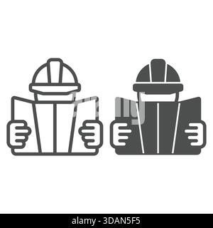 Foreman with project plan line and solid icon, building construction concept. Vector graphics. Manager man and paper map sign on white background, out Stock Vector