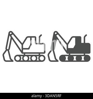 Excavator vehicle with basket line and solid icon, construction site concept. Vector graphics. Heavy equipment transport sign on white background, out Stock Vector
