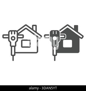 Jackhammer at house line and solid icon, construction work concept. Vector graphics. Cottage building with electric hammer sign on white background, o Stock Vector