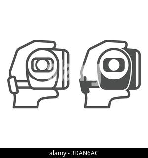 Hand holding video camera line and solid icon, video recording concept. Vector graphics. Camera in hand sign on white background, outline style icon f Stock Vector
