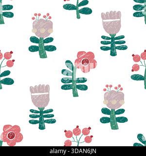 Seamless Pattern Crayon Flowers on white background. Hand-Drawn Floral Ornament. Textured Template Primitive Drawing doodle. Vector illustration. Not Stock Vector