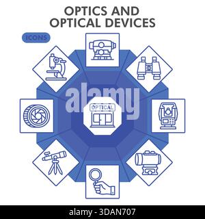 Optical instruments symbols collection or sketches. optics theme icons in line style signs for web and app. Vector graphics isolated on white backgrou Stock Vector