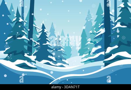 Atmospheric winter vector illustration showing a view inside a deep snowy forest with tall pine trunks and layered trees. Stock Vector
