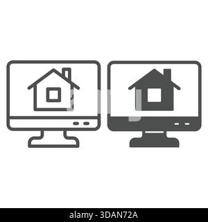 House at monitor screen line and solid icon, real estate concept. Vector graphics. Display with cottage building sign on white background, outline sty Stock Vector