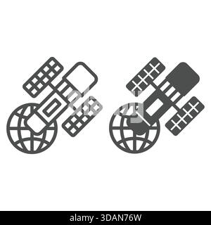 Satellite telescope and globe line and solid icon, space and optical equipment concept. Vector graphics. Planet and lens satellite sign on white backg Stock Vector