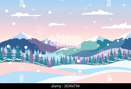 Beautiful winter landscape vector in pastel colors featuring purple and pink mountains, snowy forest, and soft sunset gradient sky. Stock Vector