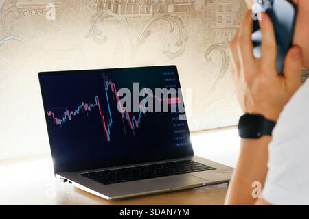 Side view of a person holding a smartphone to ear while looking at a laptop screen displaying a red declining candlestick chart. Stock Photo