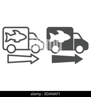 Fish delivery truck line and solid icon, fishery product concept. Vector graphics. Vehicle transport with fish sign on white background, outline style Stock Vector