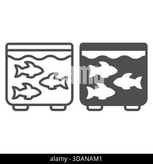 Fish in aquarium line and solid icon, fish farming concept. Vector graphics. Breeding fish sign on white background, outline style icon for mobile or Stock Vector