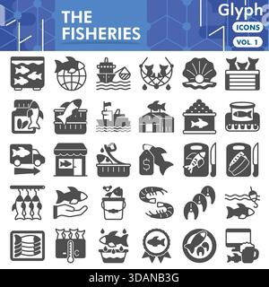 Fisheries symbols collection or sketches. seafood theme icons in glyph style signs for web and app. Vector graphics isolated on white background Stock Vector