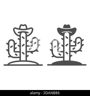 Cactus with hat line and solid icon, west desert concept. Vector graphics. Dry water sponge plant sign on white background, outline style icon for mob Stock Vector