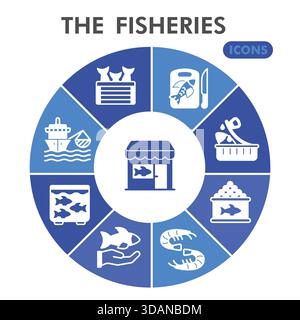 Fisheries symbols collection or sketches. seafood theme icons in glyph style signs for web and app. Vector graphics isolated on white background Stock Vector