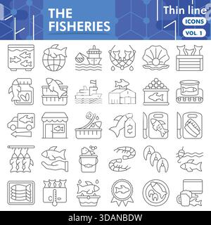 Fisheries symbols collection or sketches. seafood theme icons in thin line style signs for web and app. Vector graphics isolated on white background Stock Vector