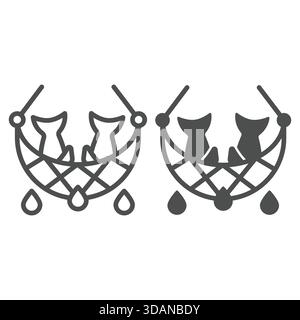Fish in net line and solid icon, catching fish concept. Vector graphics. Fishery sign on white background, outline style icon for mobile or web design Stock Vector