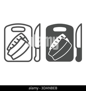Fillet of fish on cutting board and knife line and solid icon, fishery cooking concept. Vector graphics. Fresh fish sign on white background, outline Stock Vector