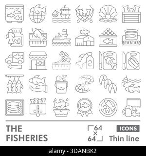 Fisheries symbols collection or sketches. seafood theme icons in thin line style signs for web and app. Vector graphics isolated on white background Stock Vector