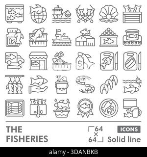 Fisheries symbols collection or sketches. seafood theme icons in line style signs for web and app. Vector graphics isolated on white background Stock Vector