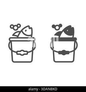 Fish in water bucket line and solid icon, fishing, fishery concept. Vector graphics. Full bucket of fish sign on white background, outline style icon Stock Vector