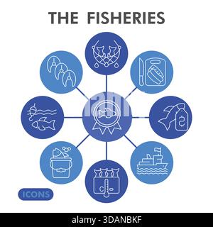 Fisheries symbols collection or sketches. seafood theme icons in line style signs for web and app. Vector graphics isolated on white background Stock Vector