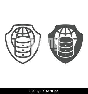 World globe, disks on shield line and solid icon, data protection concept. Vector graphics. Safety emblem with planet and storage array sign on white Stock Vector