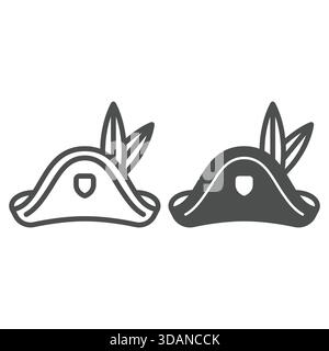 Pirate hat with feather line and solid icon, sea sailor headwear concept. Vector graphics. Bandit man cap sign on white background, outline style icon Stock Vector