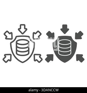 Storage array on shield with arrows line and solid icon, data protection concept. Vector graphics. Hard disks, data under attack sign on white backgro Stock Vector
