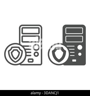 Desktop computer with shield line and solid icon, data protection concept. Vector graphics. System unit box sign on white background, outline style ic Stock Vector