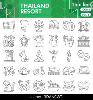 Thailand resort symbols collection or sketches. travel theme icons in thin line style signs for web and app. Vector graphics isolated on white backgro Stock Vector