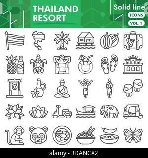 Thailand resort symbols collection or sketches. travel theme icons in line style signs for web and app. Vector graphics isolated on white background Stock Vector