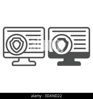 Monitor with safety emblem line and solid icon, data protection concept. Vector graphics. Display screen with secure data sign on white background, ou Stock Vector