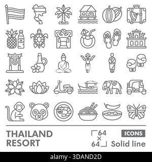 Thailand resort symbols collection or sketches. travel theme icons in line style signs for web and app. Vector graphics isolated on white background Stock Vector