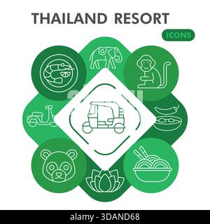 Thailand resort symbols collection or sketches. travel theme icons in line style signs for web and app. Vector graphics isolated on white background Stock Vector