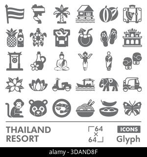 Thailand resort symbols collection or sketches. travel theme icons in glyph style signs for web and app. Vector graphics isolated on white background Stock Vector