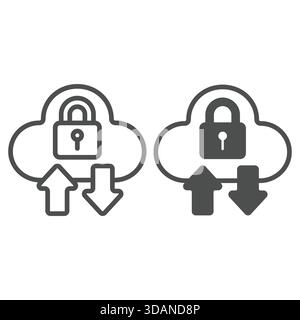 Cloud with lock and arrows line and solid icon, data protection concept. Vector graphics. Secure uploading sign on white background, outline style ico Stock Vector