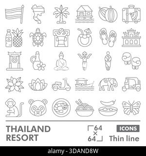 Thailand resort symbols collection or sketches. travel theme icons in thin line style signs for web and app. Vector graphics isolated on white backgro Stock Vector