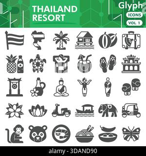 Thailand resort symbols collection or sketches. travel theme icons in glyph style signs for web and app. Vector graphics isolated on white background Stock Vector